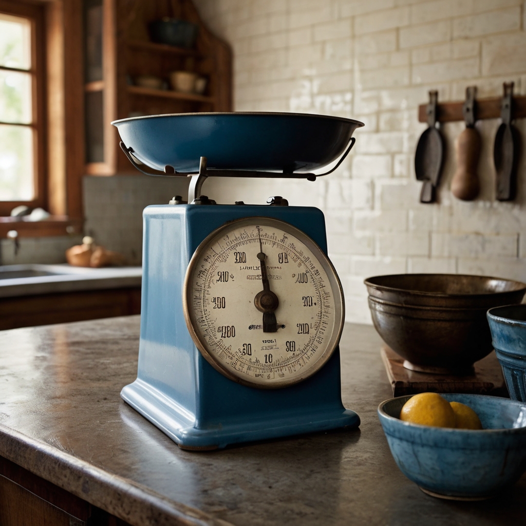 Add nostalgic charm with an antique blue kitchen scale. Its vintage appeal is beautifully highlighted by warm, ambient lighting on your countertop.