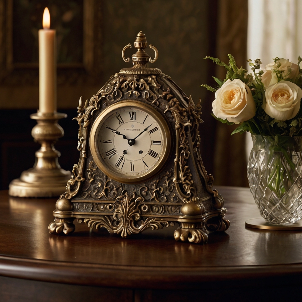 A vintage brass clock with flowers and a key sits as a centerpiece. Soft lighting enhances its nostalgic, elegant charm.