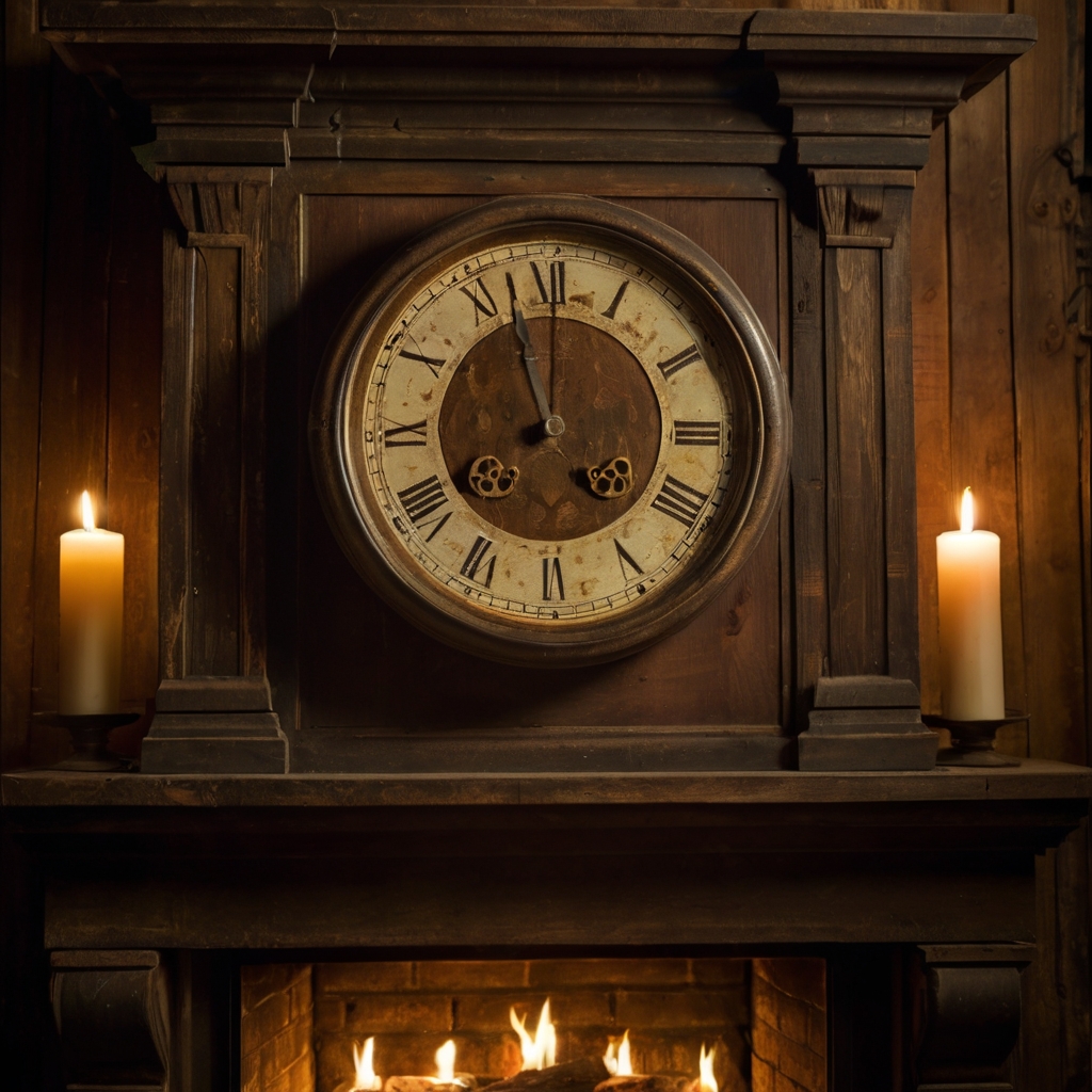 A large antique wall clock with Roman numerals above a rustic fireplace. Aged wood and flickering candlelight create a warm vintage-inspired aesthetic.