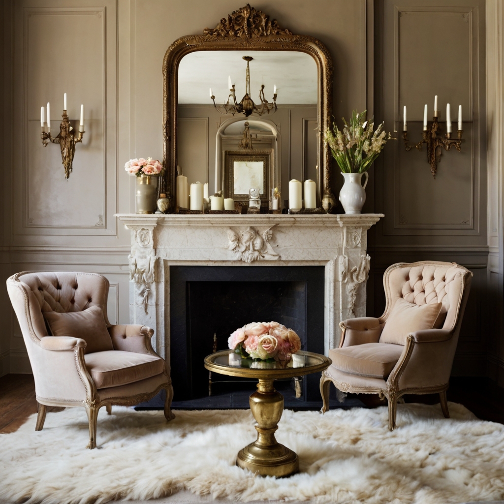 An ornate antique mirror above a fireplace reflects natural light beautifully. Its distressed gold frame adds vintage charm to the elegant living space.