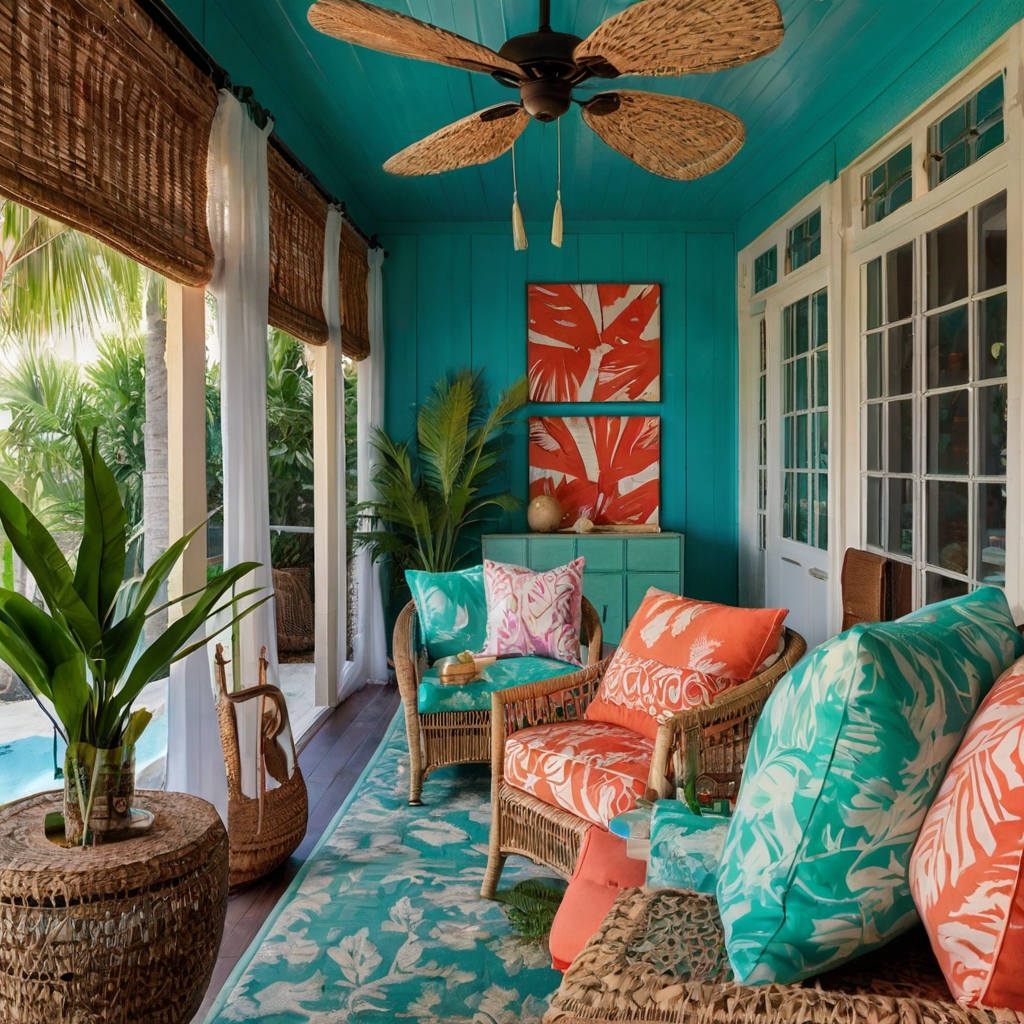 A tropical lounge with aqua walls and coral accents. Palm prints and wicker furniture add beachy vibes.
