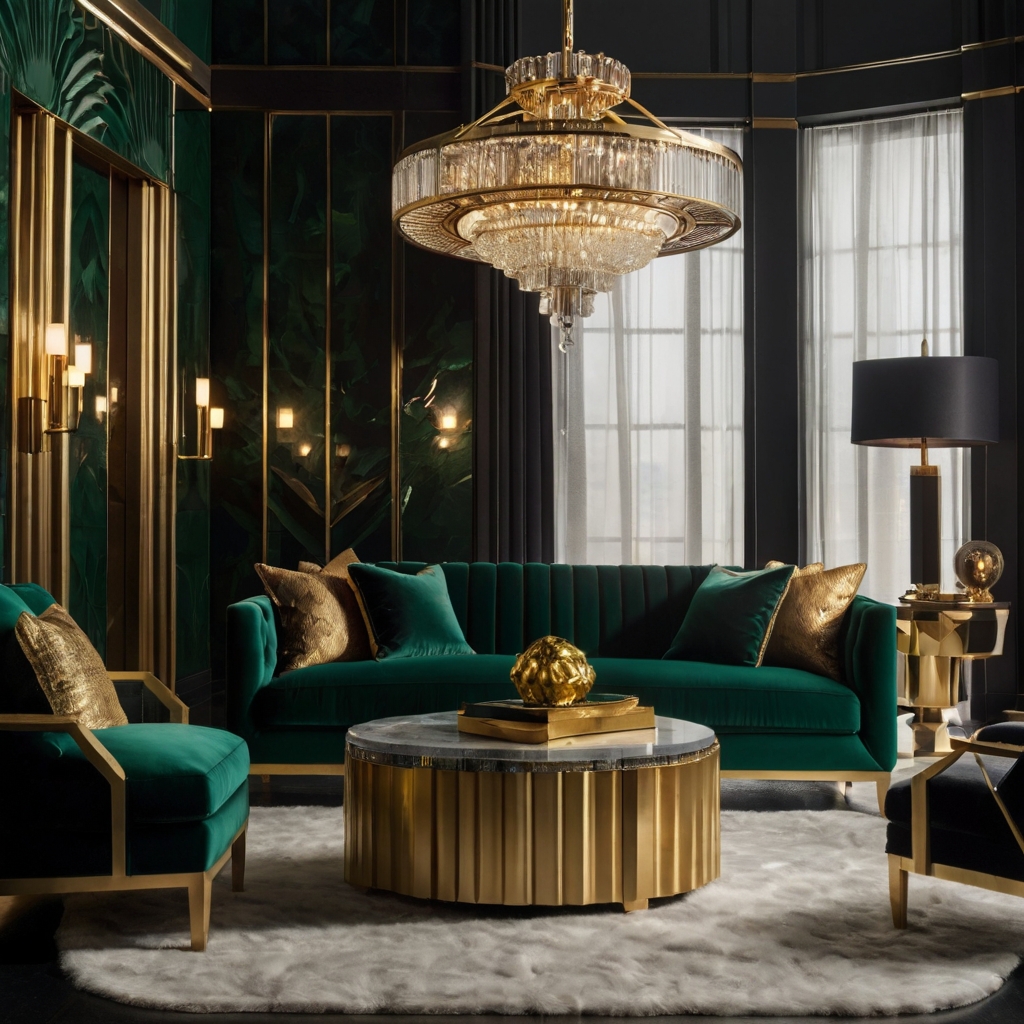 A bold Art Deco space with dark jewel tones, gold accents, and geometric patterns. A statement chandelier enhances the glamour.