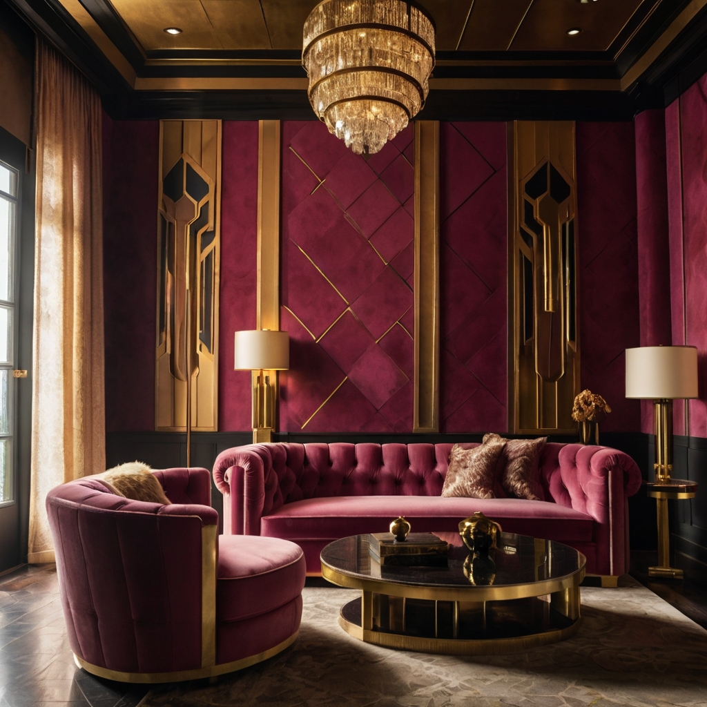 A deep pink velvet couch with bold geometric wallpaper and gold accents. Dramatic lighting creates a glamorous look.