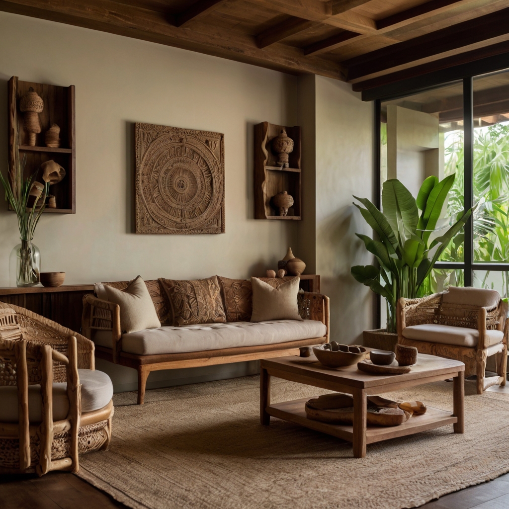 Handcrafted ceramics, woven tapestries, and wood carvings adorn a curated space. Warm lighting enhances the artistic and cultural depth of the decor.
