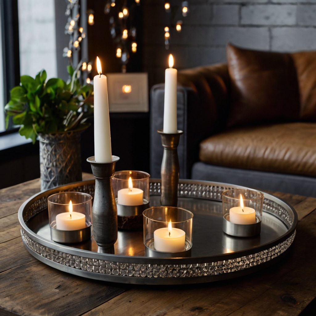 A metal tray with candles and decorative accents creates a cozy display. Flickering candlelight adds depth to the contemporary aesthetic.