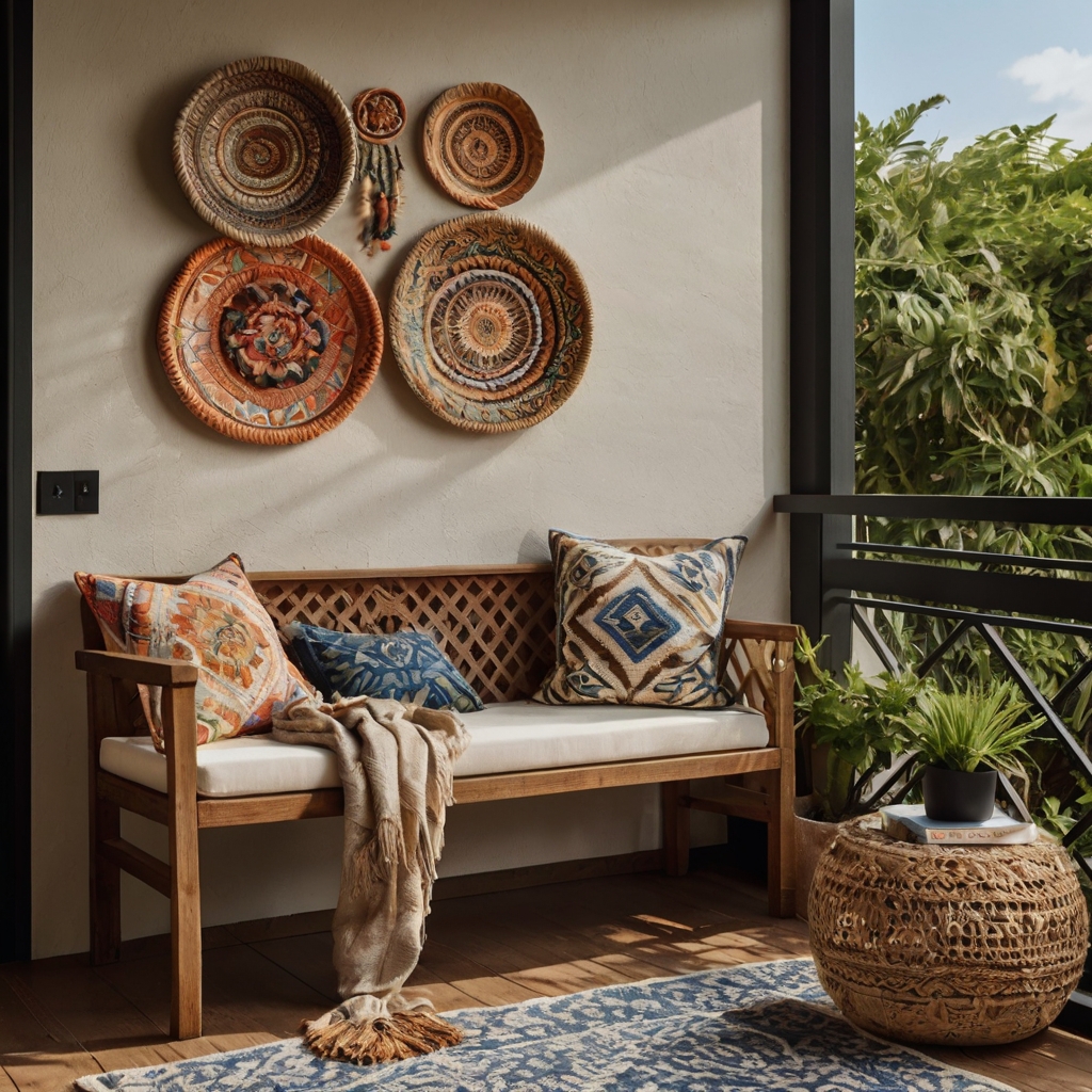 A vibrant balcony wall featuring macramé, framed art, and ceramic plates for a unique look. A cozy bench with cushions completes the stylish, personalized retreat.