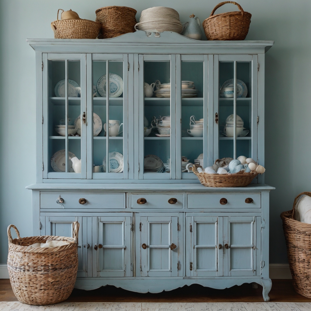 Add a delicate touch to your kitchen with a baby blue hutch. Its soft color and glass-panelled doors display vintage dishes with rustic charm.