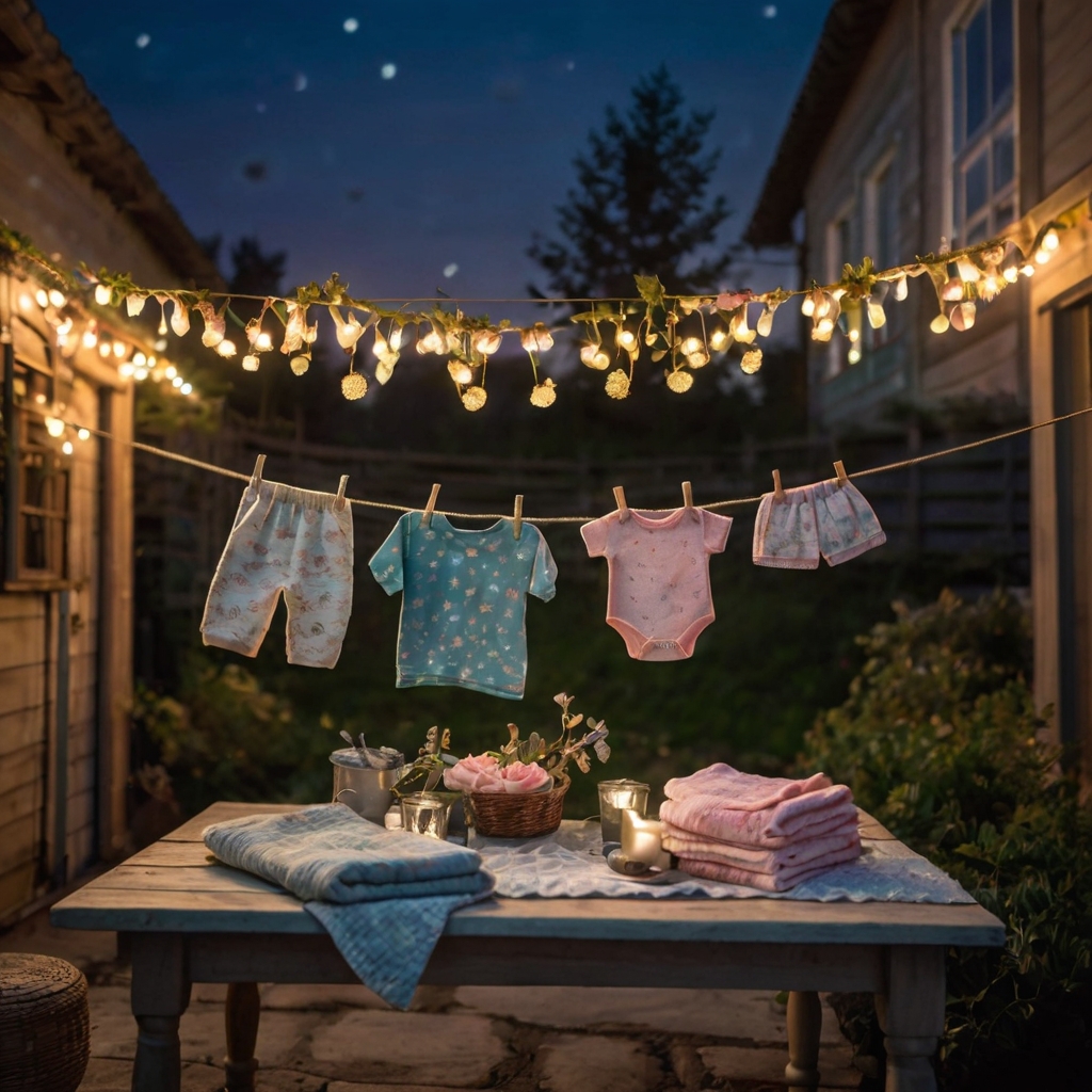 A charming clothesline of tiny baby onesies, socks, and bibs, adding a sweet decorative touch above the table.