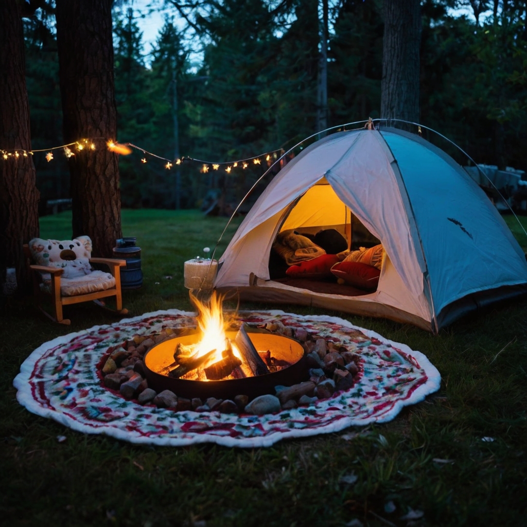 A canvas tent glows under fairy lights, surrounded by mini campfires. Kids roast marshmallows and tell stories under the stars.