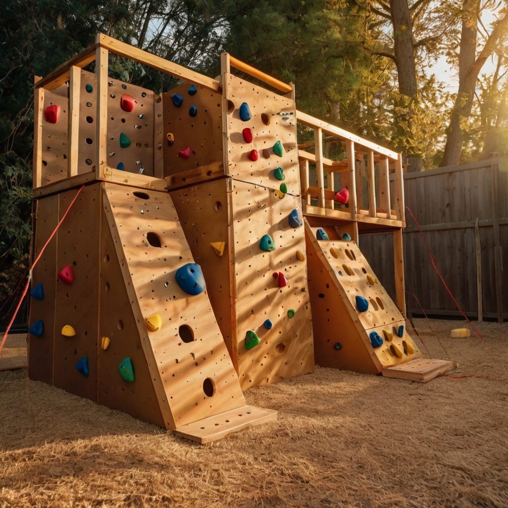 A backyard climbing wall with colorful grips and a rope bridge. Kids strengthen their skills while having thrilling outdoor fun.