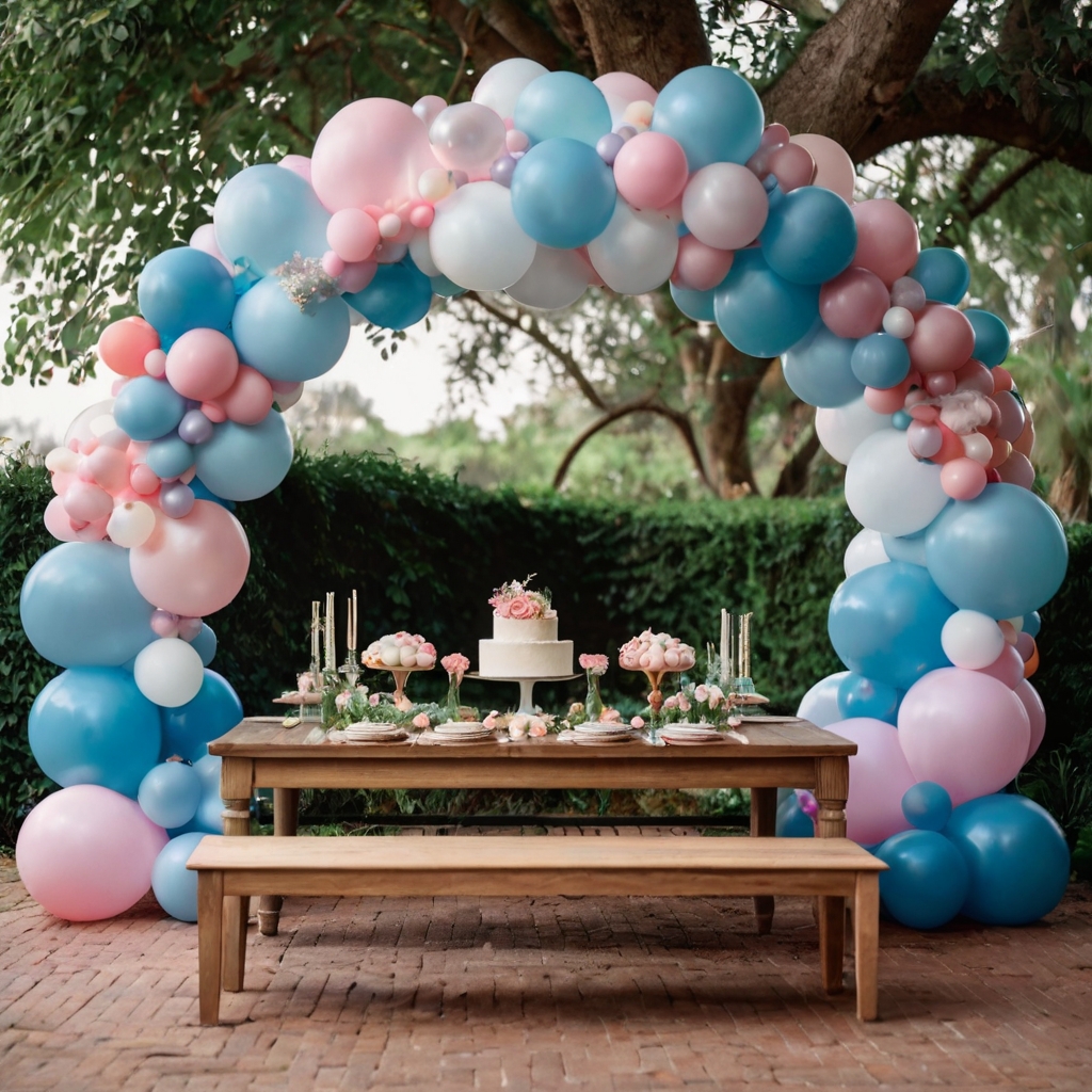 A pastel-colored balloon arch with cascading greenery and ribbons, framing the baby shower table beautifully.