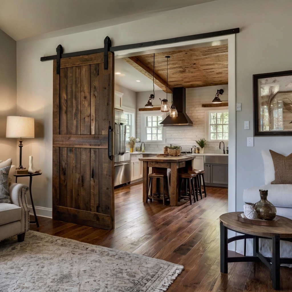 A sliding reclaimed wood barn door with black iron hardware in a farmhouse home. Sunlight highlights its rustic grains, leading to a cozy living space beyond.