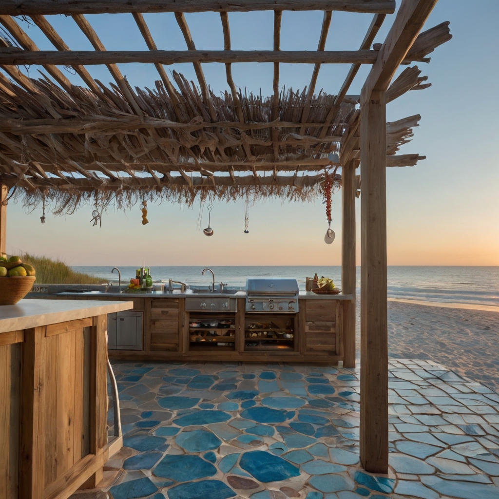 A breezy outdoor kitchen with driftwood décor, sea-blue tiles, and a built-in seafood grill. A dreamy oceanfront dining spot.