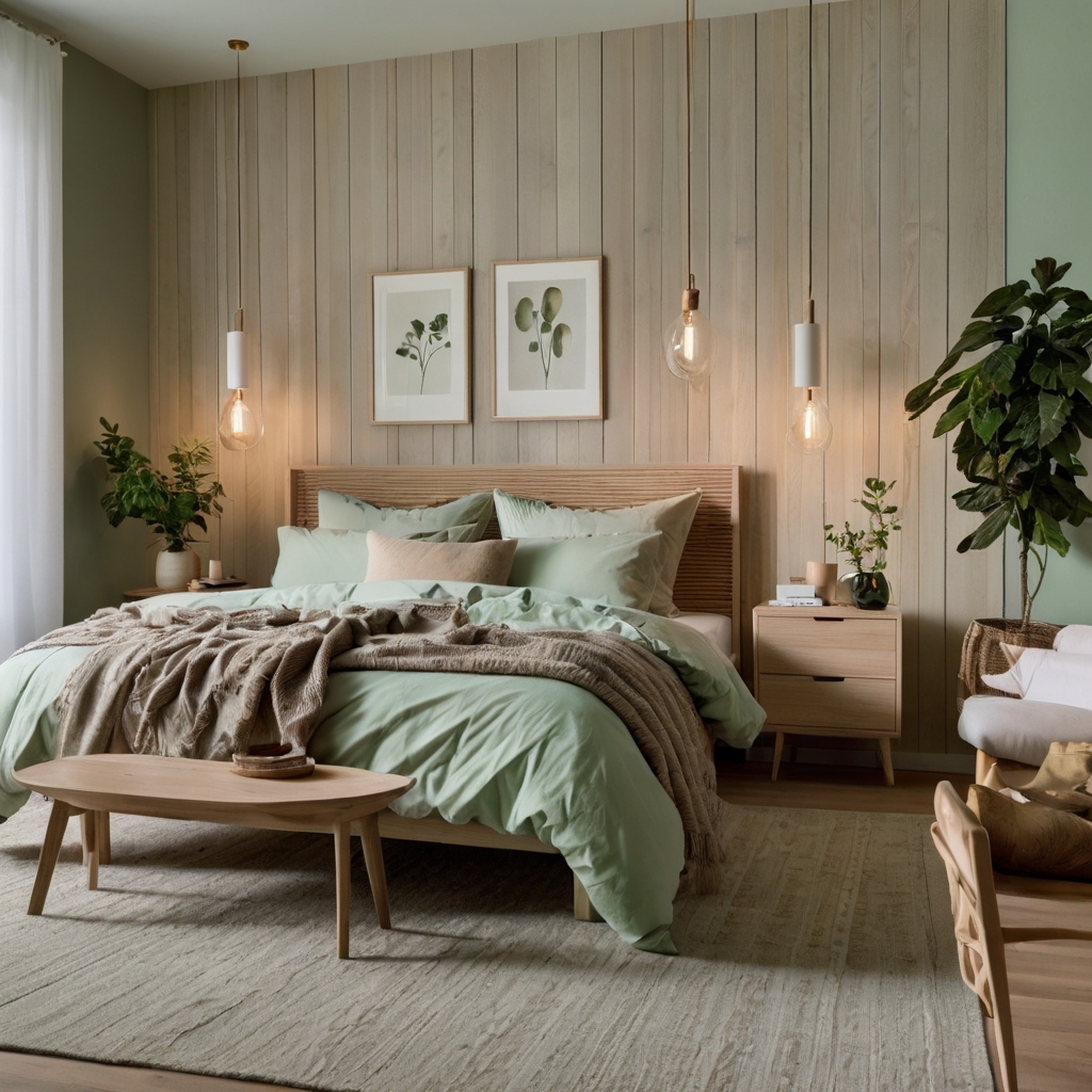 A serene bedroom with light birchwood furniture and soft neutral tones. Gentle lighting highlights the minimalist, Scandinavian-style features.