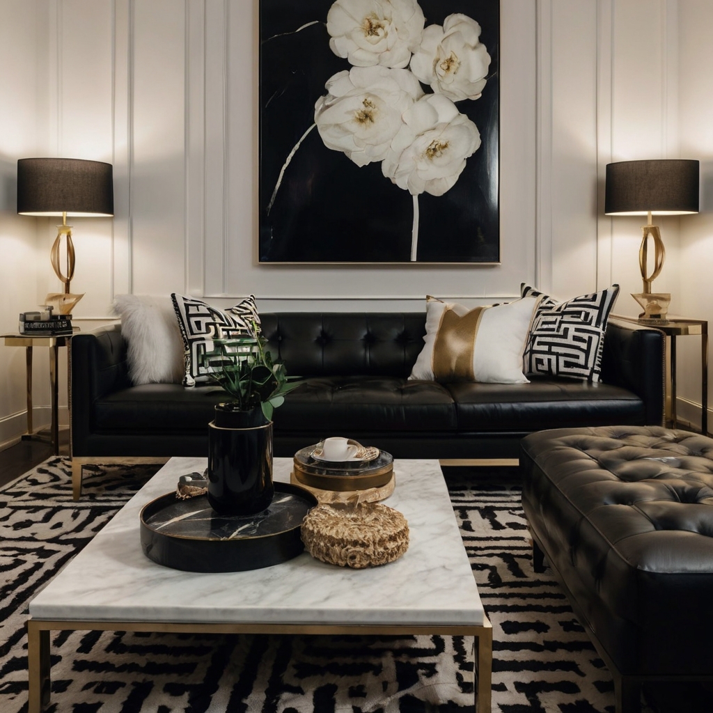 A bold, high-contrast space with matte black walls, crisp white furniture, and modern elegance. Geometric patterns add visual depth.