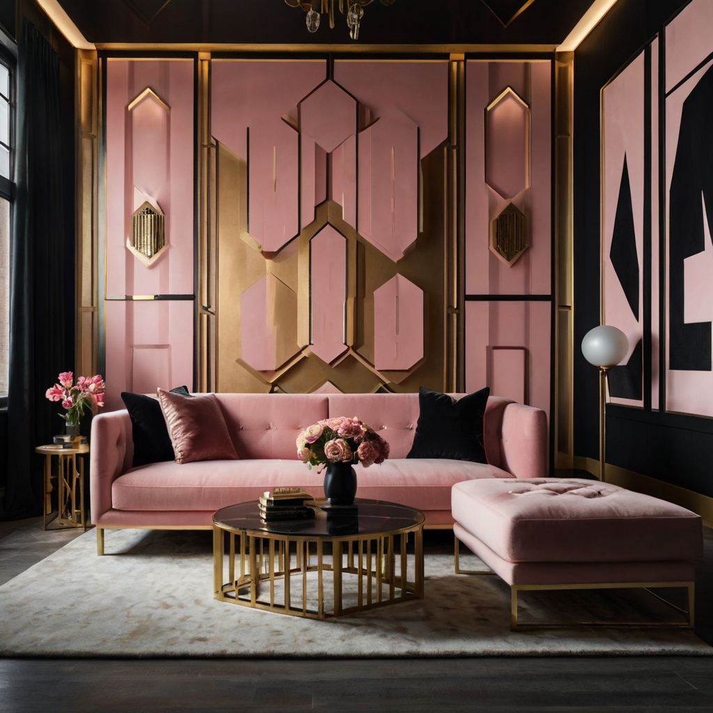 A blush pink sofa contrasts with bold black and white geometric walls. Dramatic lighting adds depth and elegance.