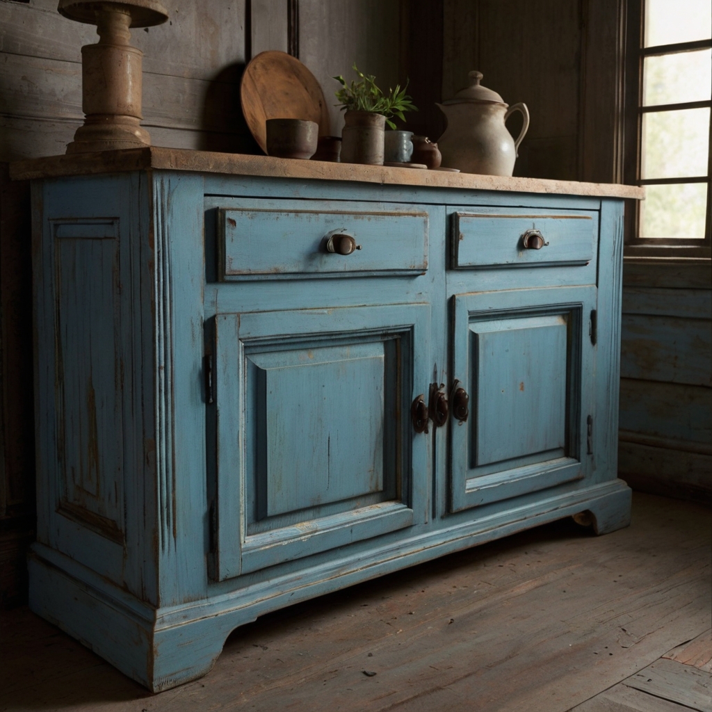 Create vintage charm with blue distressed cabinets, each showing the marks of time. The soft, warm lighting enhances their rustic, timeworn beauty.