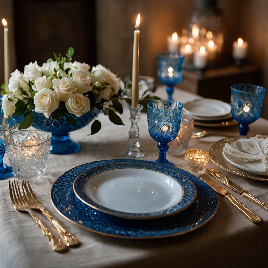 A dinner table set with delicate blue glassware and candlelight. Elegant accents create a dreamy dining experience.