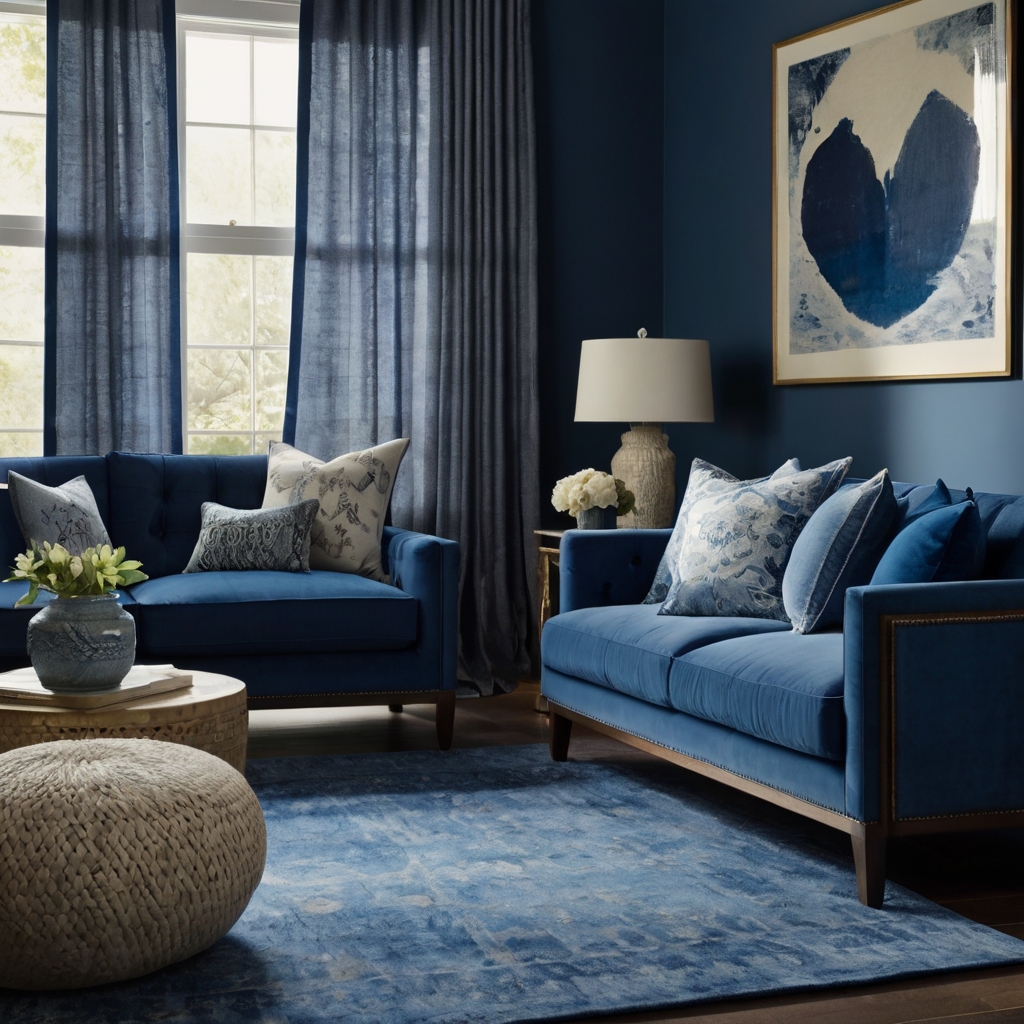 A layered blue-toned space with varying shades for depth. Soft fabrics and warm lighting create dimension.