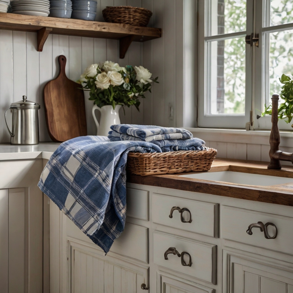 Add a farmhouse touch with blue plaid dish towels. Their soft linen texture and cozy warmth enhance the rustic, inviting vibe of your kitchen.