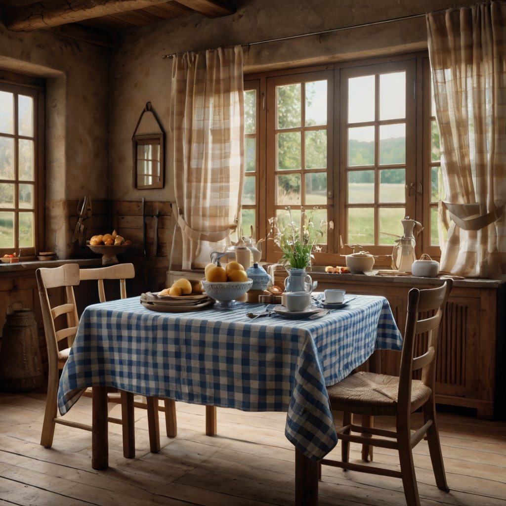 Introduce a provincial charm to your kitchen with a blue and cream checkered tablecloth. The soft linen texture adds coziness, perfect for countryside dining.