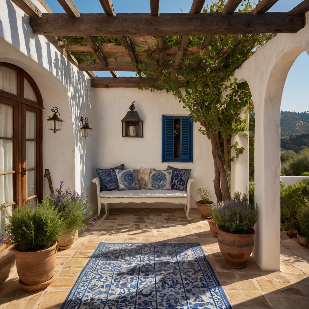 A sunlit terrace with whitewashed walls and vibrant blue tiles. Olive trees and rustic decor create a coastal retreat.