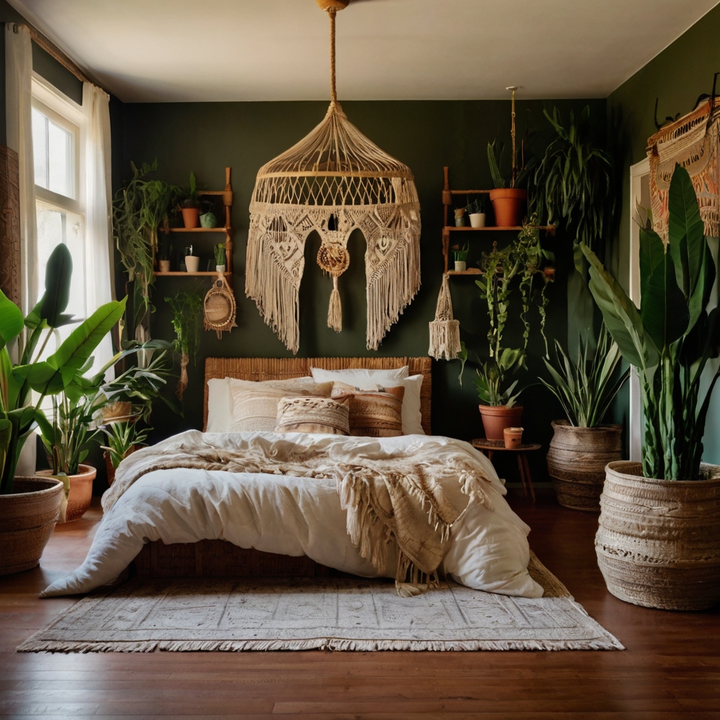 A bohemian-style bedroom with macramé, rattan furniture, and potted plants, bathed in soft, warm light. The cozy, artistic vibe is enhanced by unique textures and lighting.