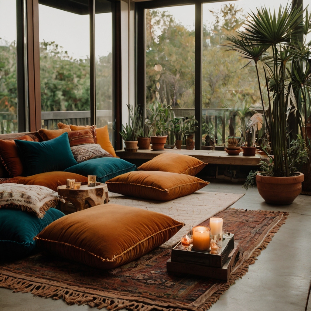 A vibrant boho seating area with oversized floor cushions in earthy tones, layered for a cozy feel. A low wooden table with books, candles, and plants completes the inviting space.