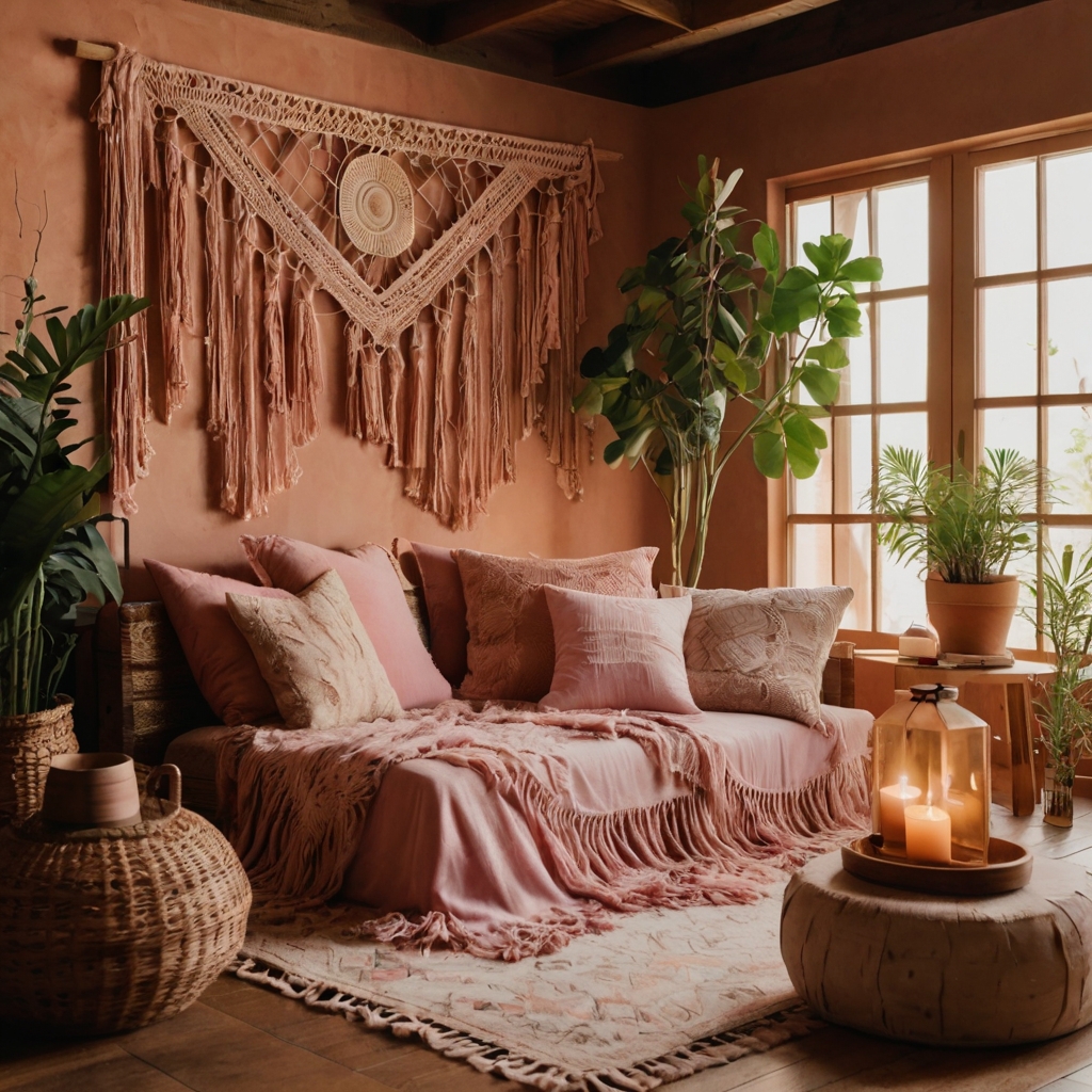 A cozy boho space featuring a dusty pink couch, macramé decor, and earthy tones. String lights create a warm, inviting glow.