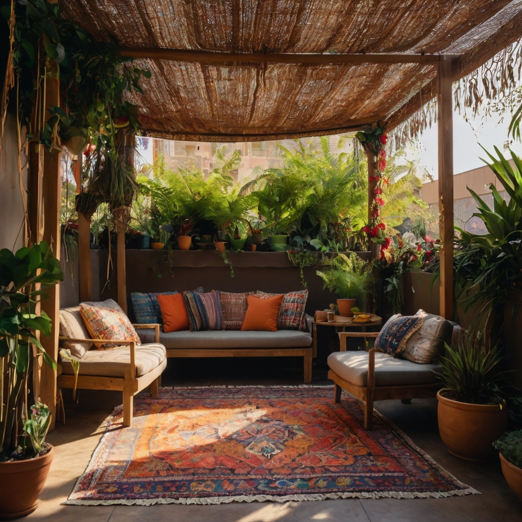 Flowing fabric drapes over a cozy outdoor lounge filled with woven rugs and cushions. Fairy lights and gentle breezes add to the dreamy bohemian ambiance.