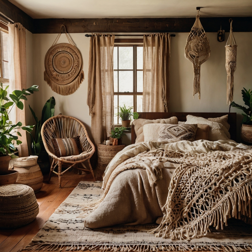 A bohemian bedroom with macrame, rattan, and earthy-toned textiles for warmth.