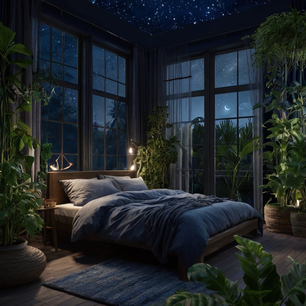 A dreamy bedroom with moonlight streaming through light curtains and lush plants. Soft lighting creates an ethereal, calming atmosphere perfect for stargazing.