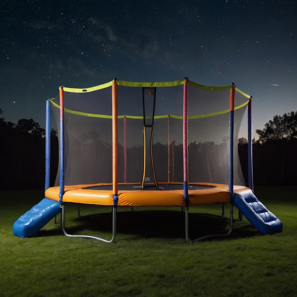 A giant trampoline surrounded by safety nets, with kids jumping high. Glowing stickers create a magical nighttime bouncing experience.