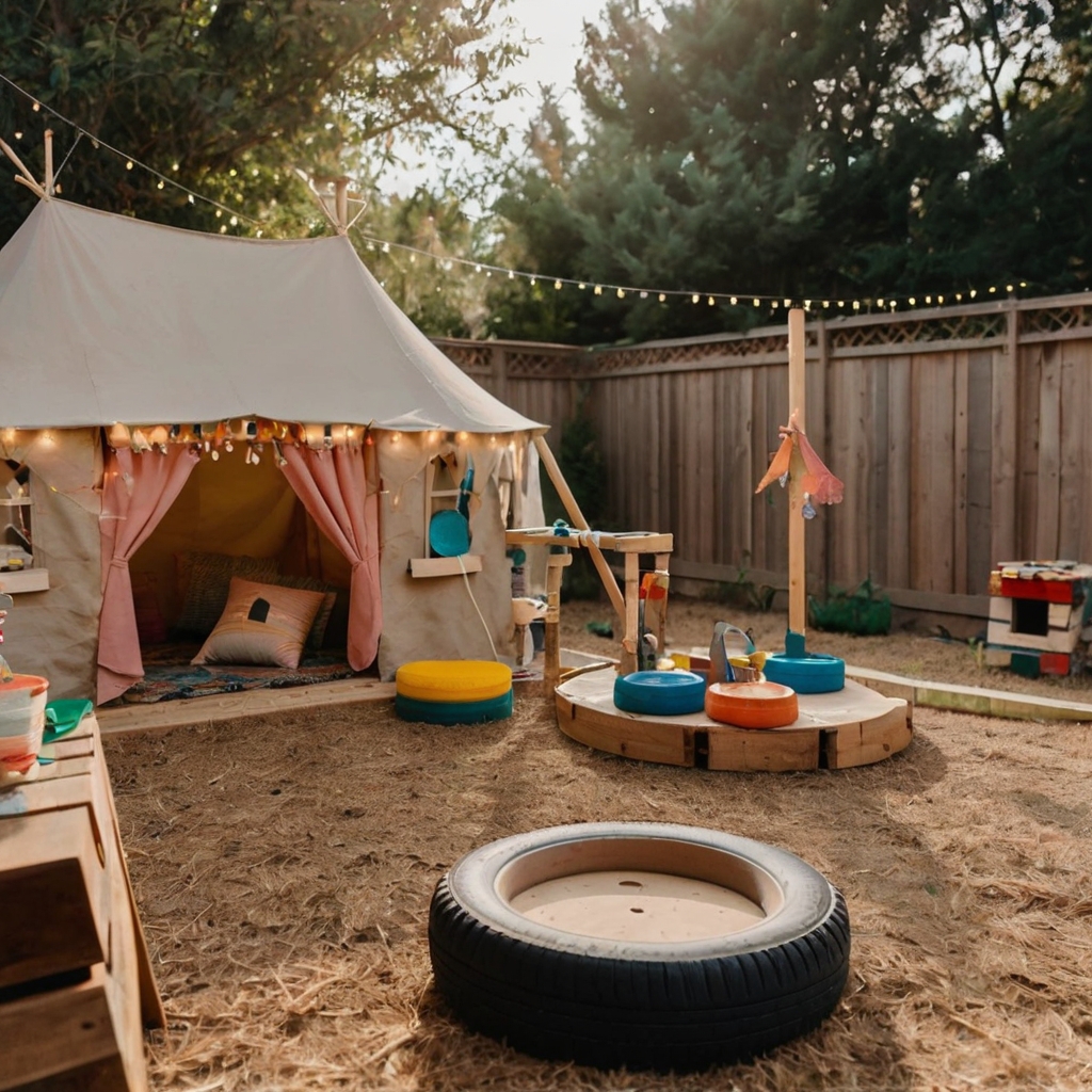 A playful backyard filled with DIY tire obstacles, pallet castles, and fairy lights. A creative and affordable space for endless fun.