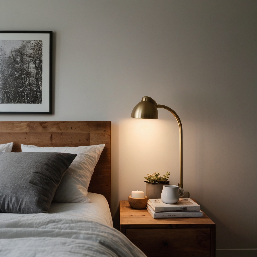 A stylish minimalist bedroom with secondhand wooden furniture and floating shelves. A bedside lamp casts a warm glow, complementing the soft white walls.