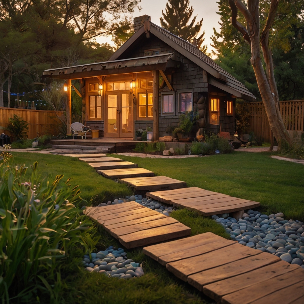 A charming backyard with stepping stones, a cozy playhouse, and fairy-lit pathways. Every corner sparks imagination and adventure.