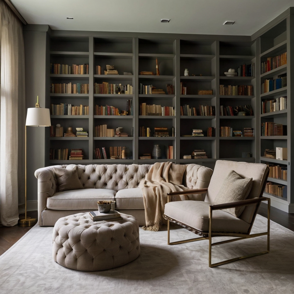 A floor-to-ceiling bookshelf filled with curated books enhances a refined space. A plush armchair and warm lighting complete the inviting reading nook.
