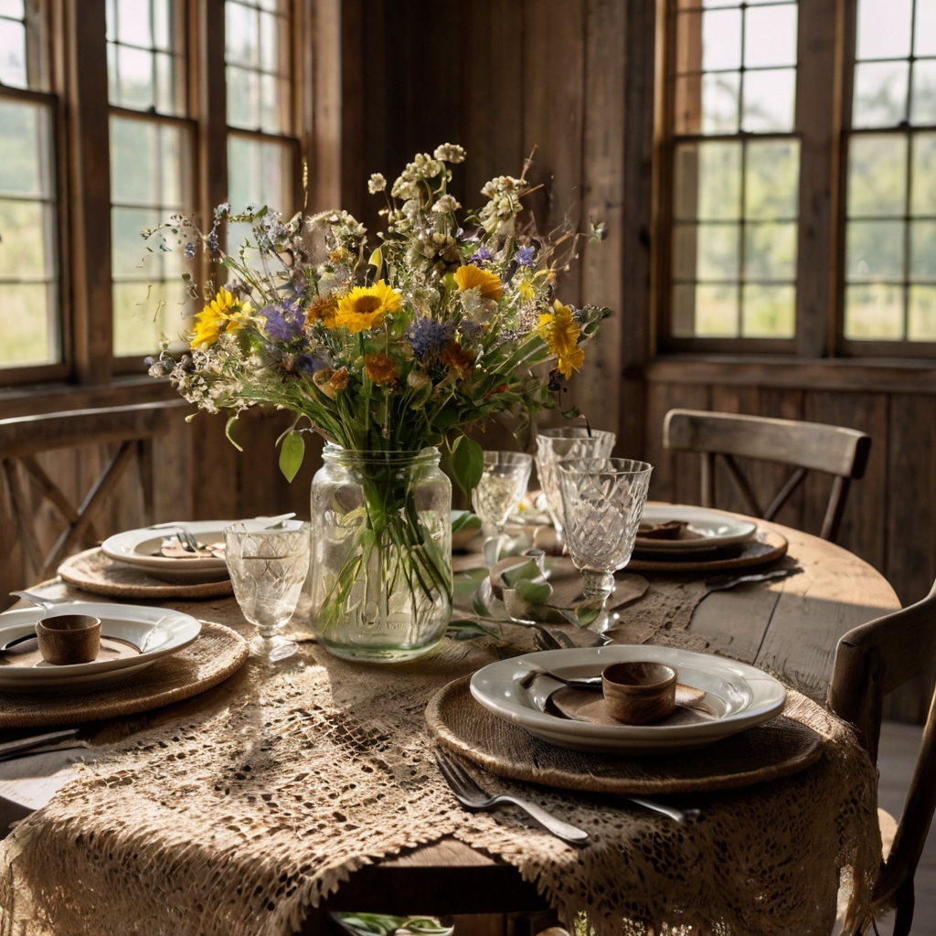 A burlap table runner with lace details on a rustic wooden dining table. Sunlight highlights the rough texture, contrasting with delicate floral centerpieces.