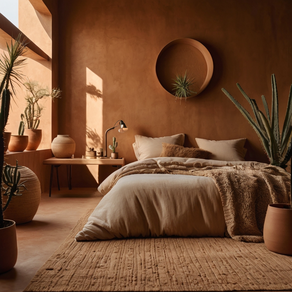 A minimalist desert-inspired bedroom with sculptural cacti and soft golden lighting. The earthy tones and sandy textures create a calming oasis.