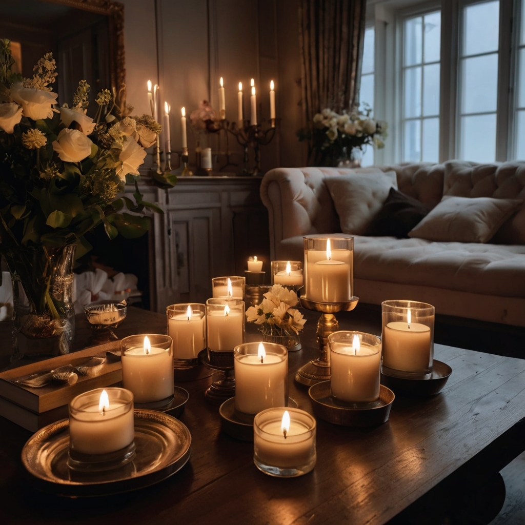 A cozy living room with scented candles in stylish holders. A mirror reflects the warm glow for added elegance.