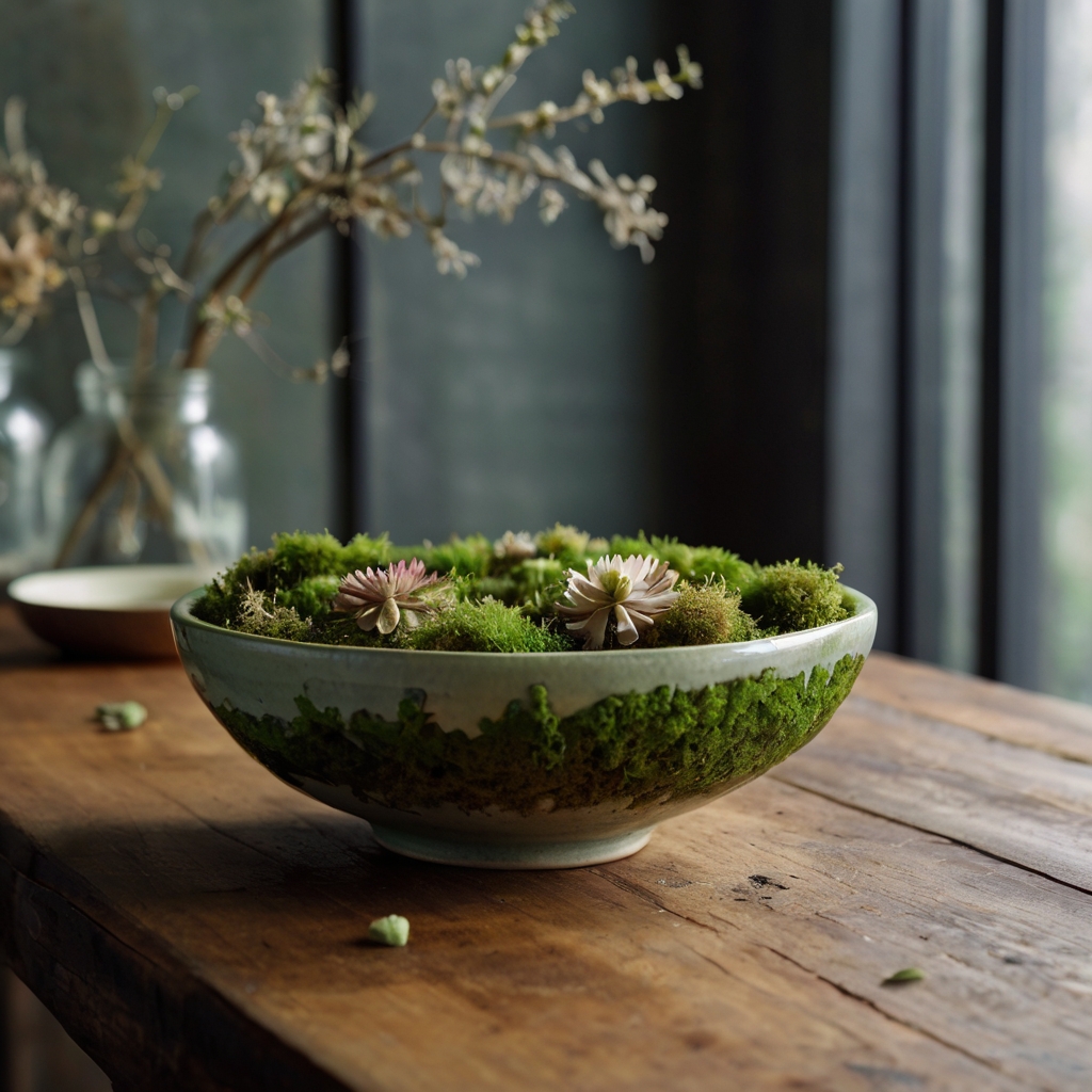 A ceramic bowl with lush green moss and stones sits on a table. Soft daylight enhances its natural, earthy aesthetic.