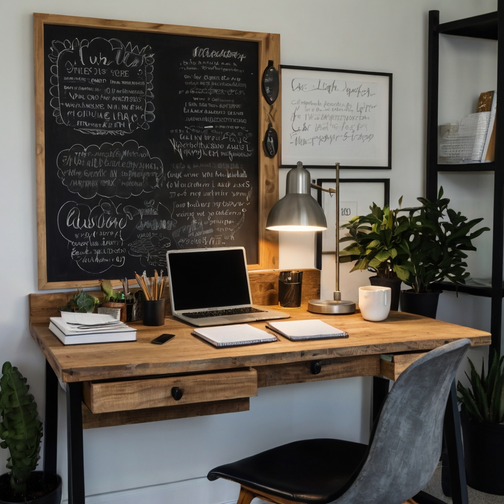 A modern workspace featuring a full chalkboard wall filled with doodles and notes. The creative setup adds a fun and functional touch to the room.