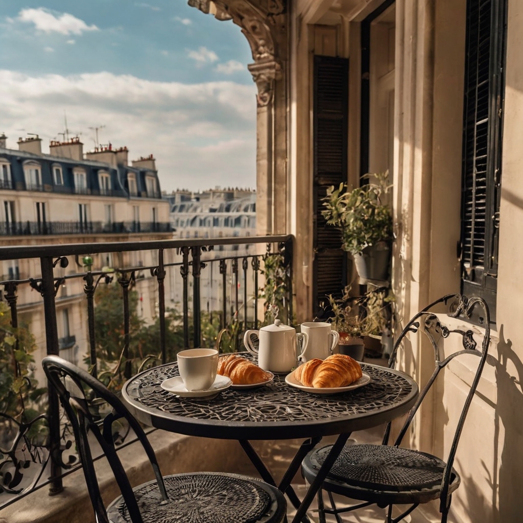 A wrought-iron balcony with a bistro table invites peaceful coffee mornings. Twinkling fairy lights and lush flowers create a romantic, Parisian escape.