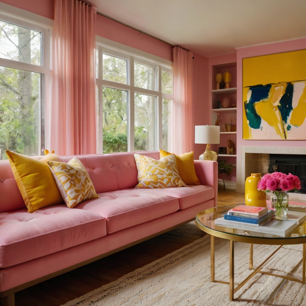 A blush pink couch accented with bright yellow decor. Warm lighting enhances the playful and lively atmosphere.