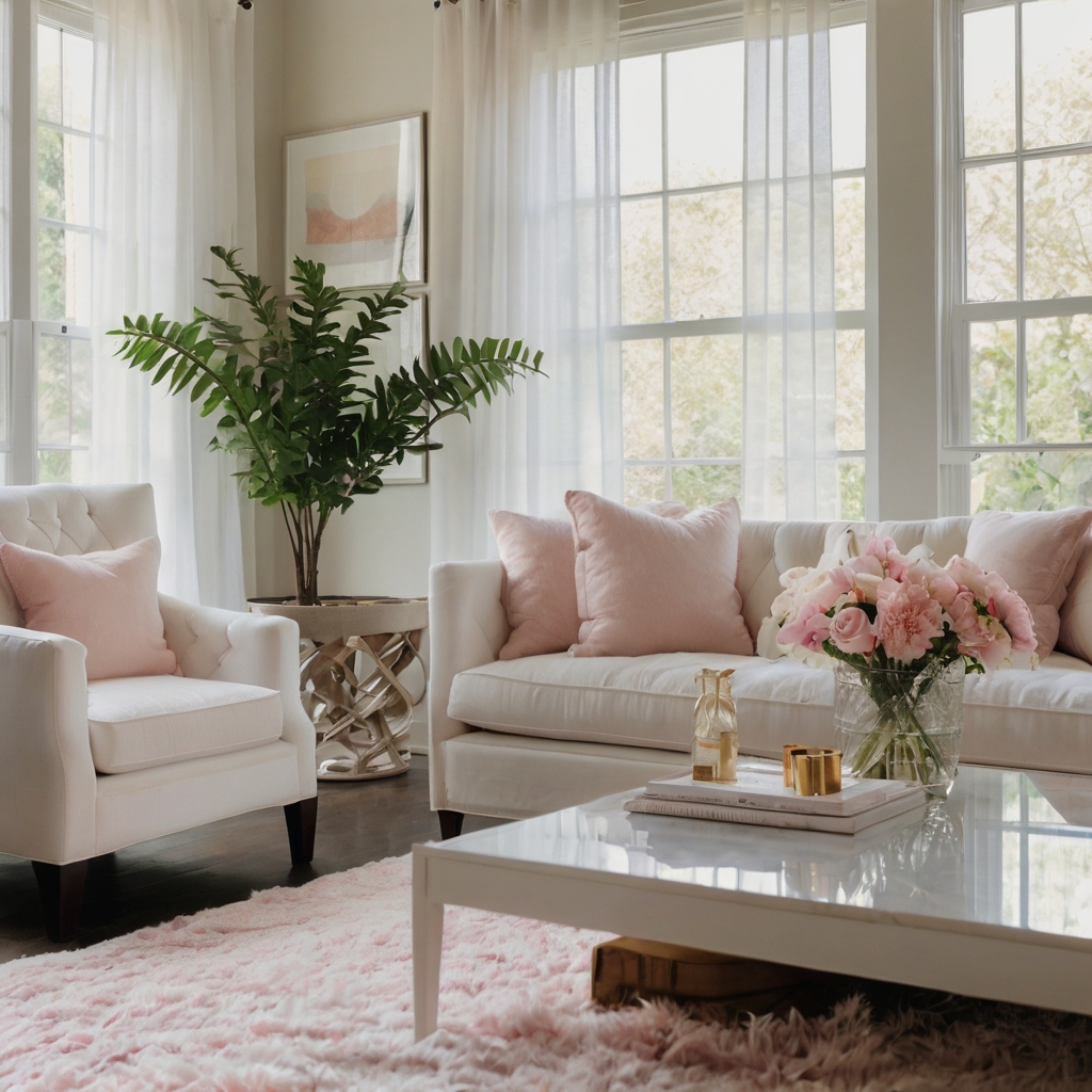 A bright living room with sheer white curtains and a soft pink rug. A floral centerpiece enhances the elegant touch.