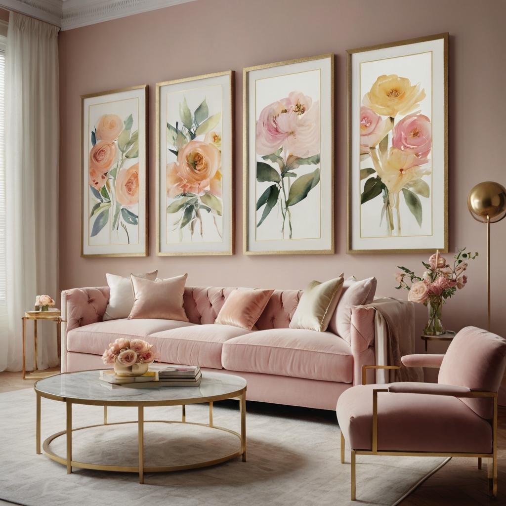 A gallery wall of floral art and gold frames in a chic living room. Soft pink tones add a warm, elegant feel.