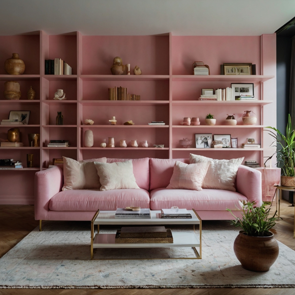 A modern pink couch beneath floating shelves in a minimalist space. Soft lighting highlights functional elegance.