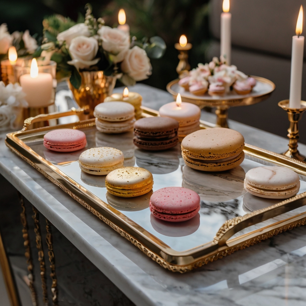 Marble and mirrored trays with gold rims, showcasing delicate pastries and macarons. A stylish and luxurious table setup.
