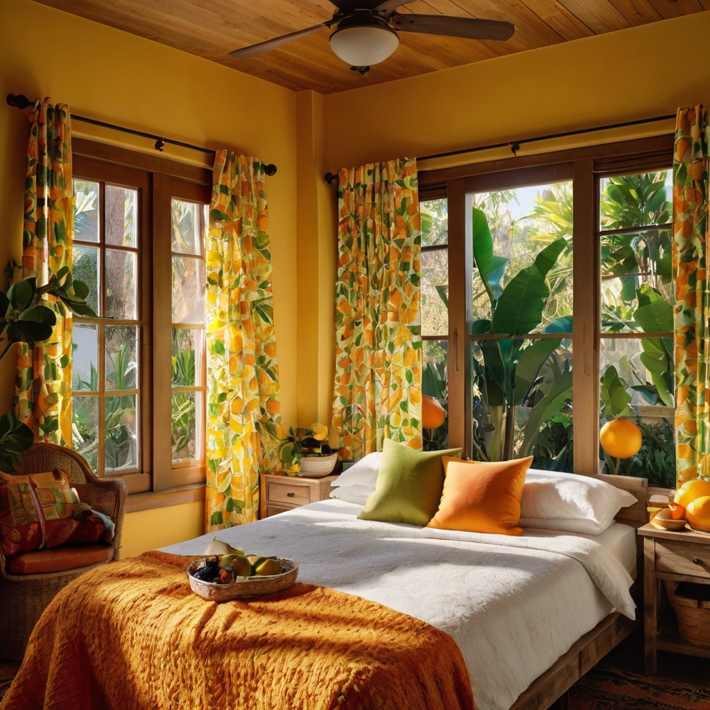 A lively bedroom featuring bright citrus trees, complemented by rustic décor in yellow and green. Natural sunlight pours in, energizing the space.