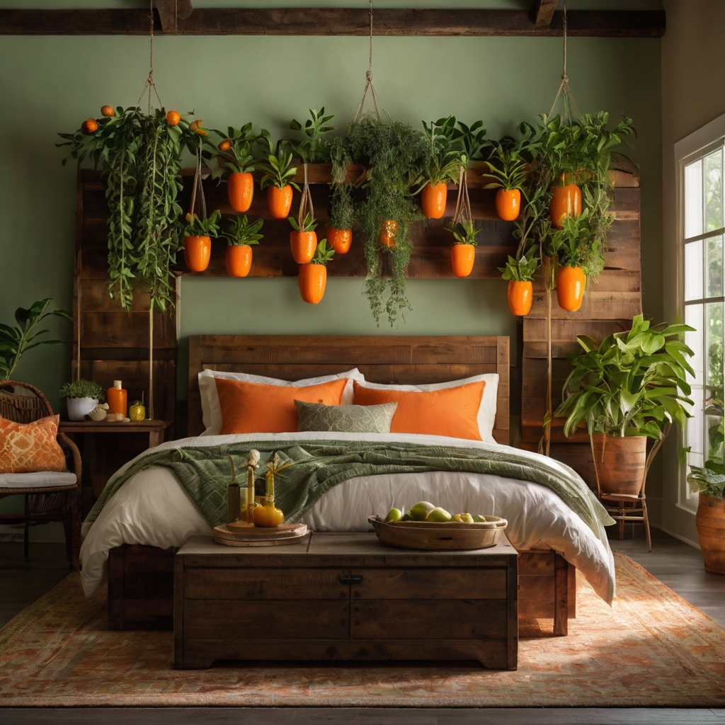 A serene bedroom with vibrant citrus and calming sage greens. Rustic wood accents and soft lighting create a tranquil, refreshing retreat.